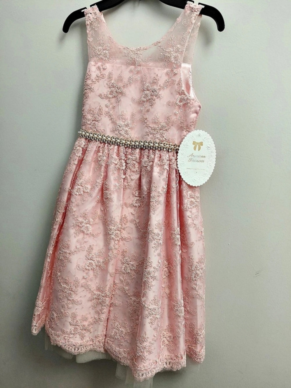 American Princess Pink Lace Overlay Pearl Waist Party Dress Girls Size 8
